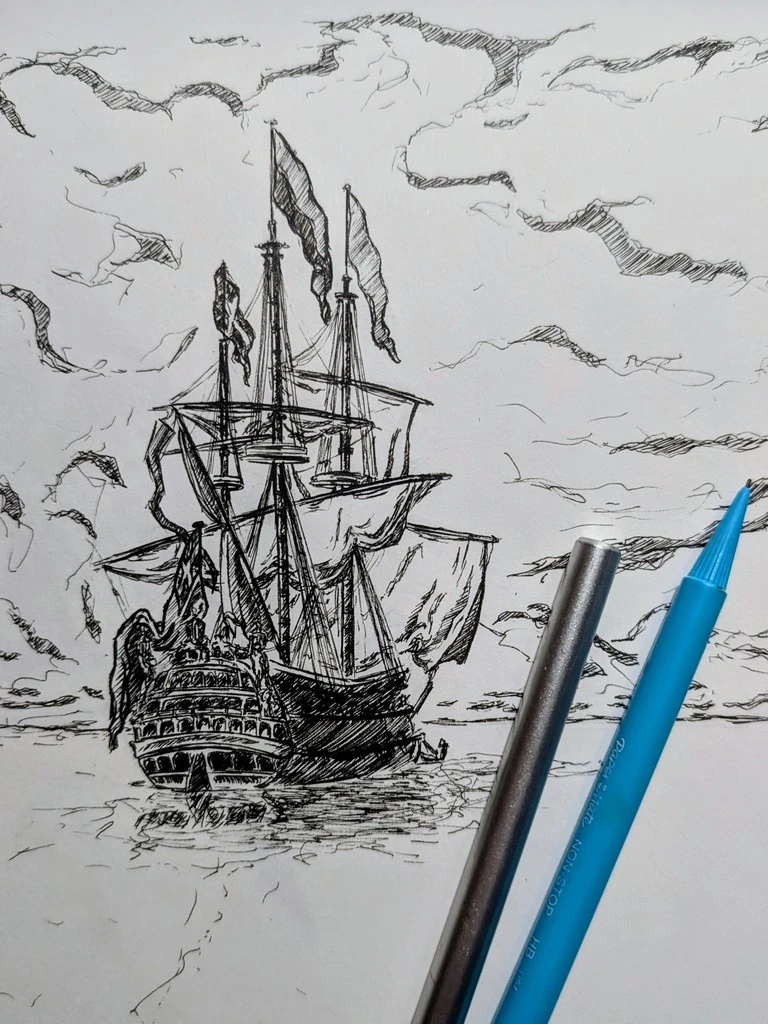 A detailed pen-and-ink sketch of a tall ship at sea