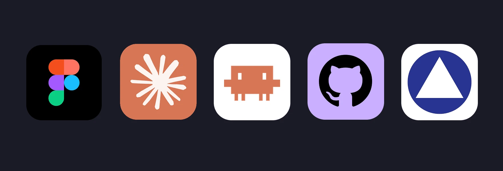 The five tools in the workflow, left to right: Figma, Claude, Claude Code, GitHub and Vercel.